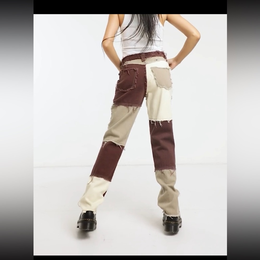 Pastel Brown Patchwork Denim Patch Flare Jean Str… - image 3